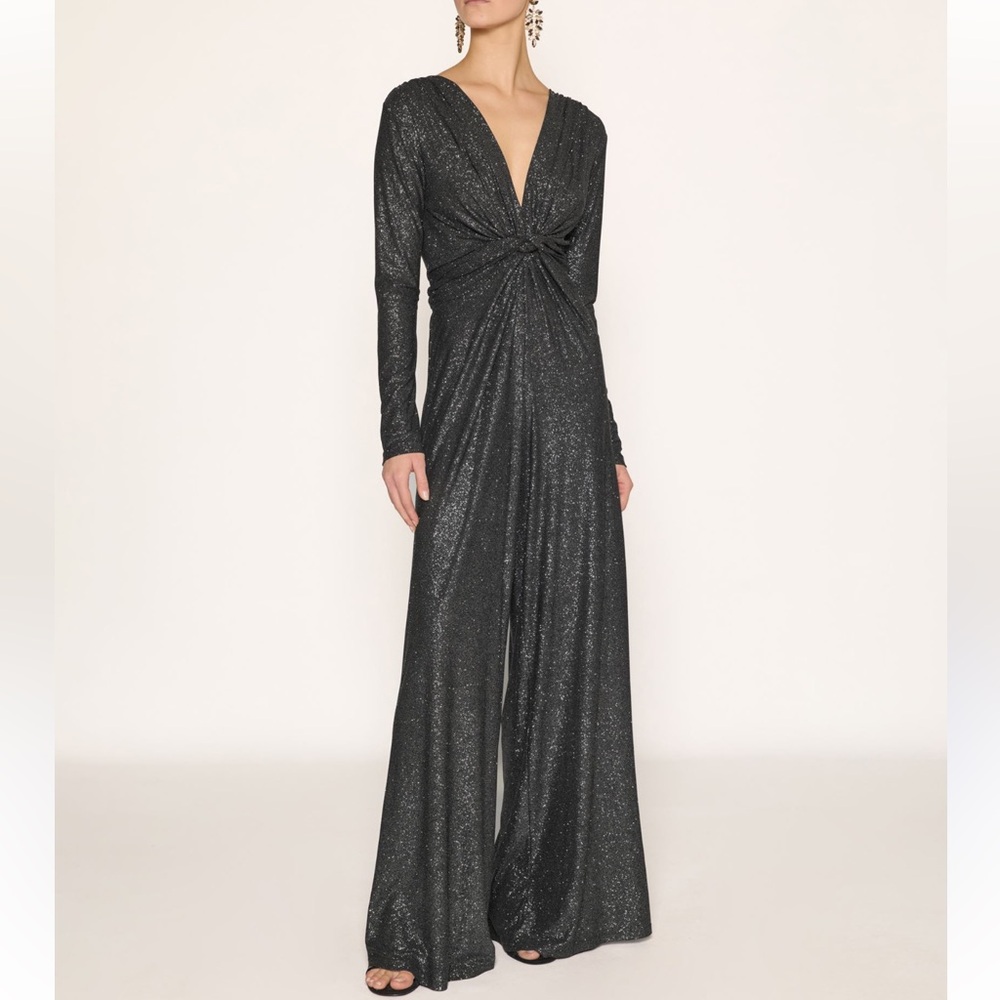 bebe Black Metallic Twist-Front Long Sleeve Jumpsuit
